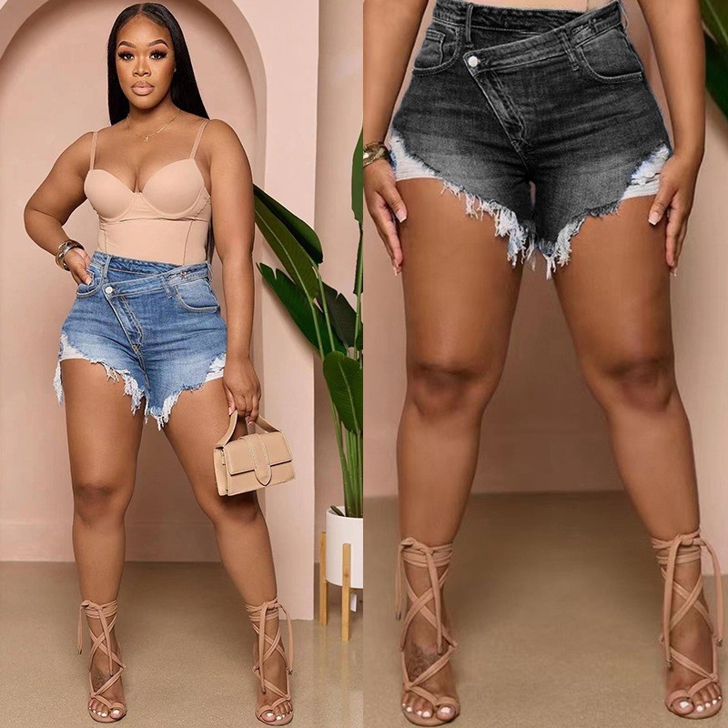 Shorts Denim Frayed - Kadın Yüksek Bel Dar Kesim Yıpranmış