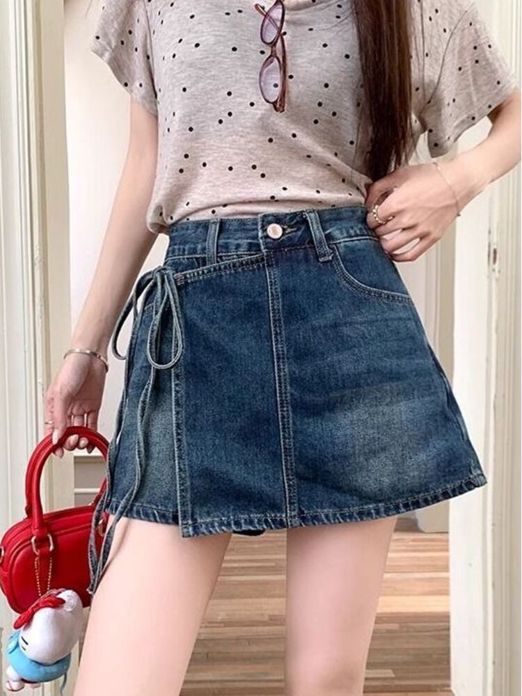 Shorts Denim Frayed - Kadın Yüksek Bel Kot Etek Şort