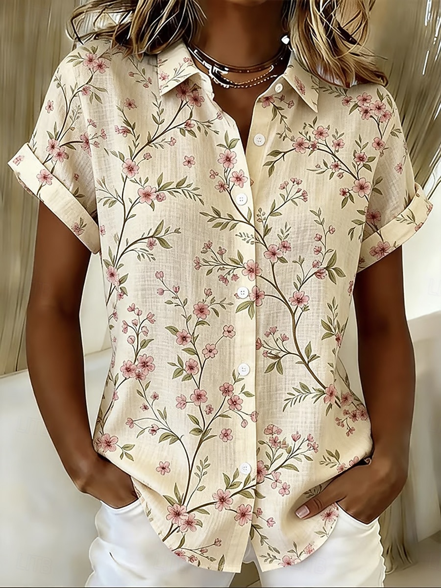 Romper Floral Print - Kadın Bej Çiçek Desenli Düğmeli Gömlek,