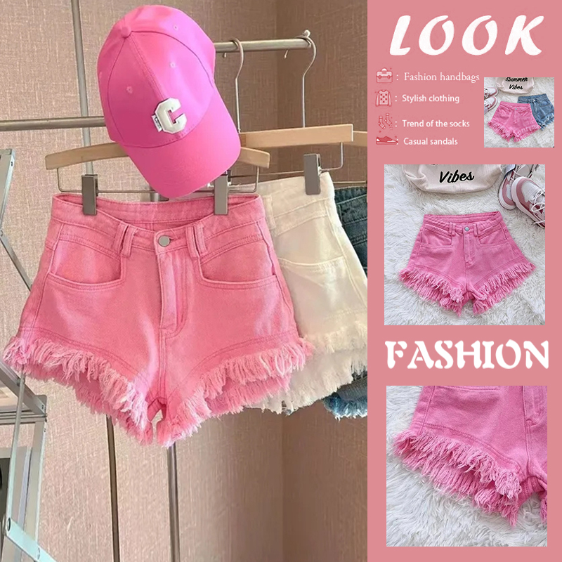 Shorts Denim Frayed - Trendy Denim Sıcak Pantolon Düğme Bel