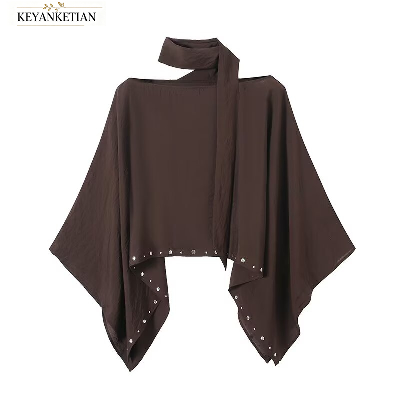 Blouse Off Shoulder - KEYANKETIAN Koyu Kahverengi Omuzları Açık Pelerinli