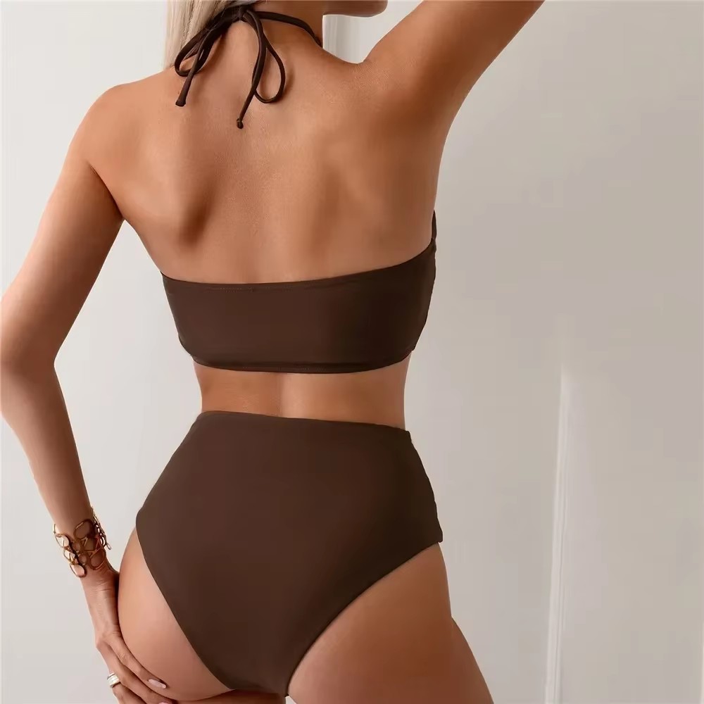 Koyu Kahverengi Düz Mayo Halte - Swimsuit Bikini Ruched incelemesi ve fiyatı