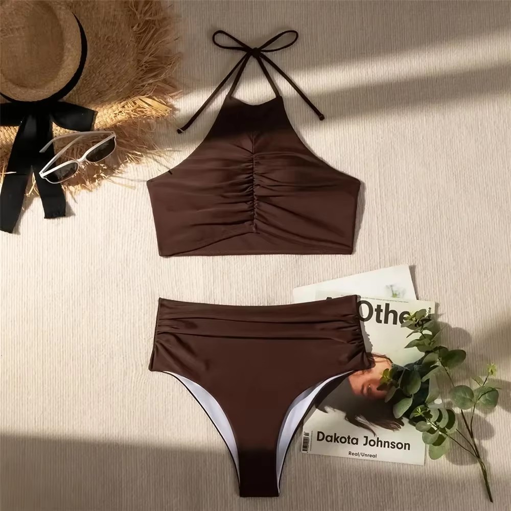 Koyu Kahverengi Düz Mayo Halte - Swimsuit Bikini Ruched incelemesi ve fiyatı