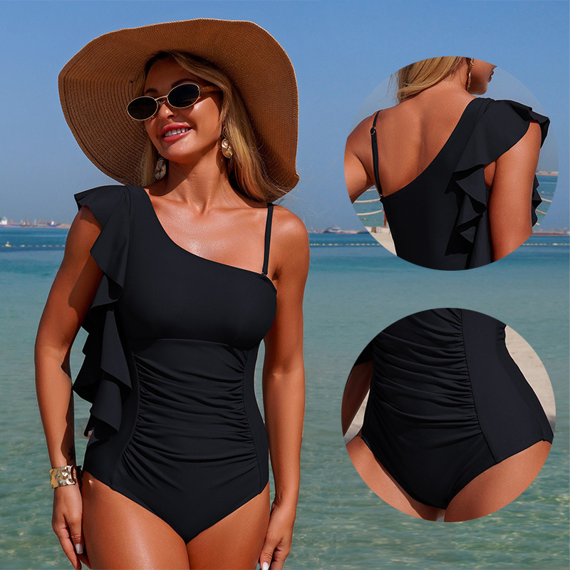 Kadınlar Tek Omuzlu Mayo Yazlı - Swimsuit Bikini Ruched incelemesi ve fiyatı