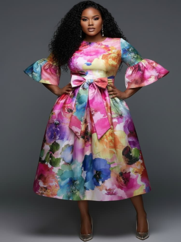 Büyük Beden Yuvarlak Yaka Fırf - Midi Skirt Floral incelemesi ve fiyatı