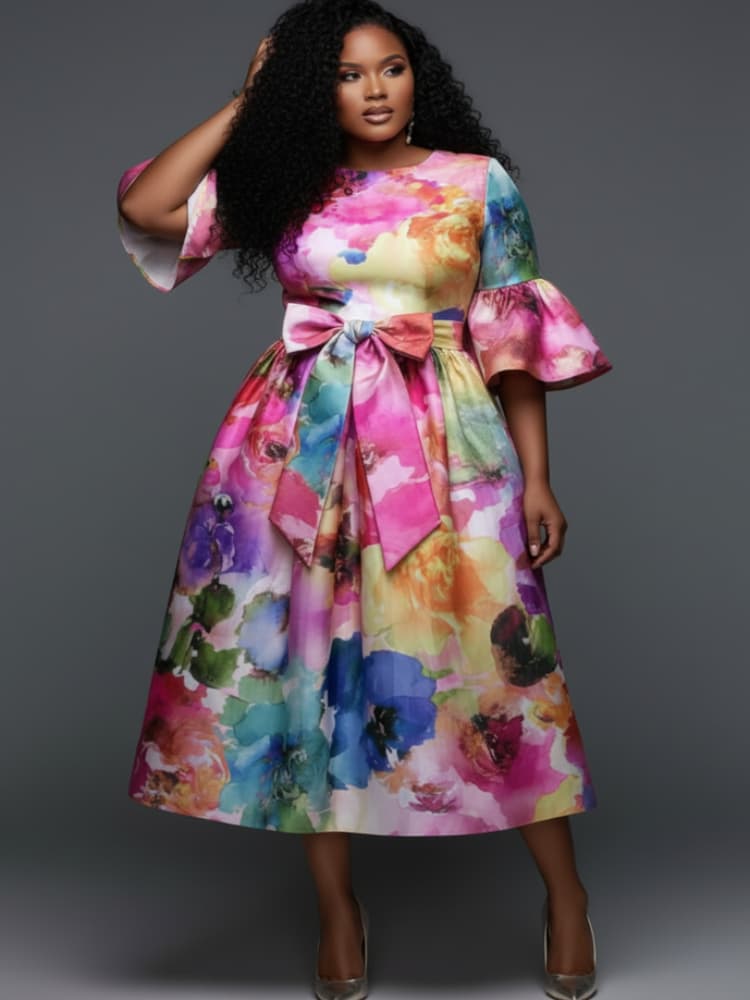 Büyük Beden Yuvarlak Yaka Fırf - Midi Skirt Floral incelemesi ve fiyatı